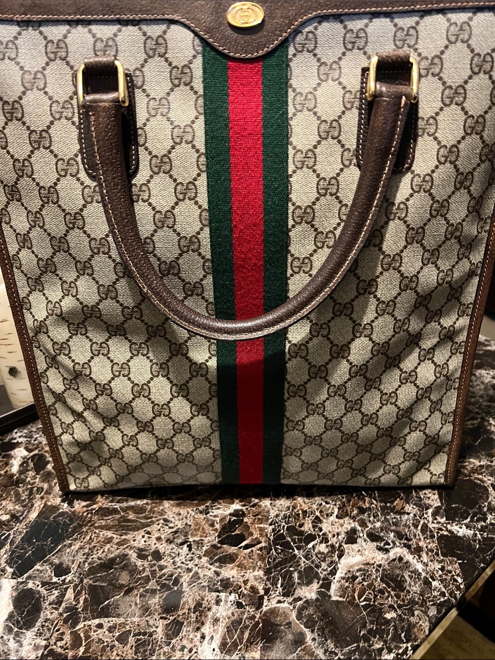 Gucci Beige GG Canvas Tote with Green and Red Web Stripe 16x14x2 inches !